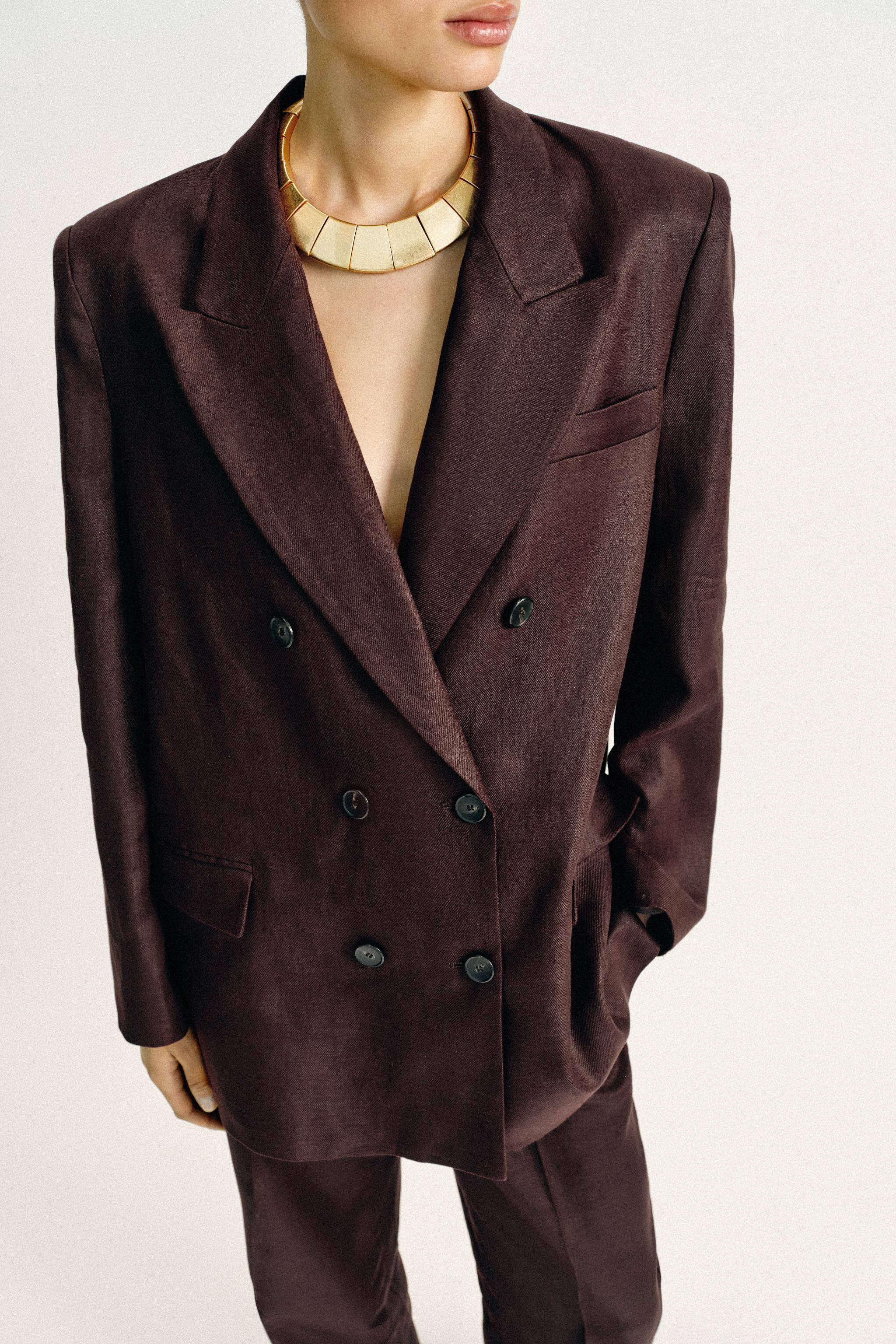 100% LINEN DOUBLE BREASTED BLAZER WITH SHOULDER PADS